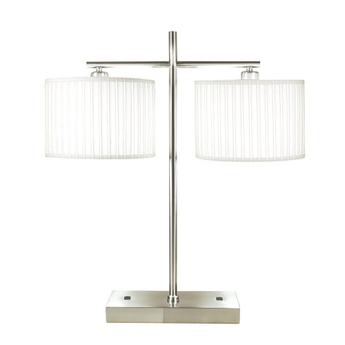 Double Nightstand Lamp, 2 Electrical Outlets, On/Off Rocker Switches, Brushed Nickel